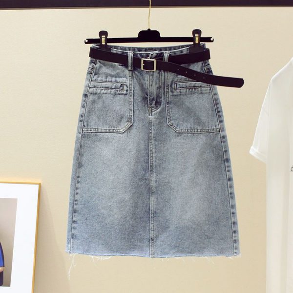 Knee-length midi vintage stretch denim skirt - Image 3