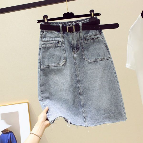 Knee-length midi vintage stretch denim skirt - Image 4
