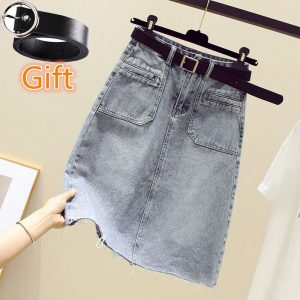 Knee-length midi vintage stretch denim skirt