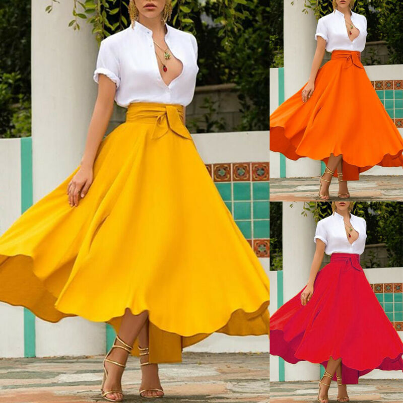 Long Maxi Skirt With Waist Bow Belt