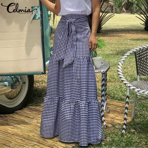 Celmia Fashion Skirts 2020 Women Vintage Plaid Check Long Skirts High Waist Casual Loose Belted Pleated Maxi Skirts Plus Size - Image 2
