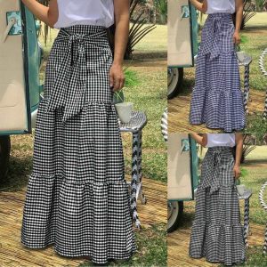 Celmia Fashion Skirts 2020 Women Vintage Plaid Check Long Skirts High Waist Casual Loose Belted Pleated Maxi Skirts Plus Size