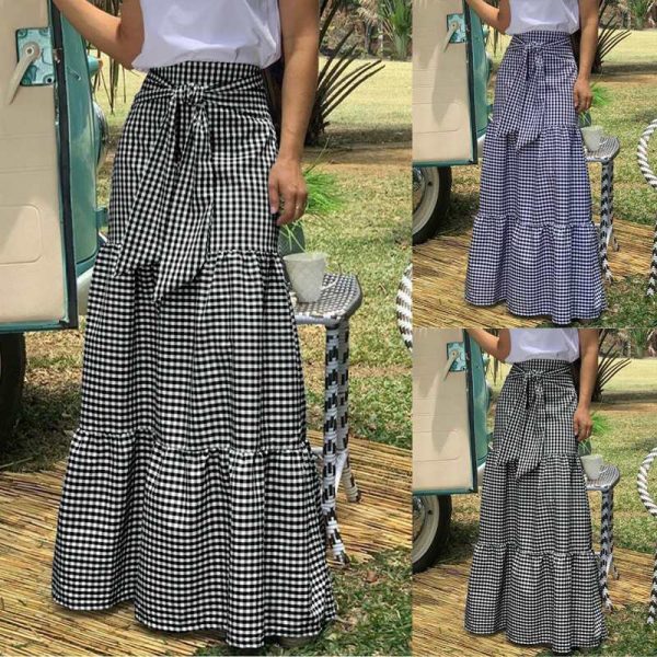 Celmia Fashion Skirts 2020 Women Vintage Plaid Check Long Skirts High Waist Casual Loose Belted Pleated Maxi Skirts Plus Size