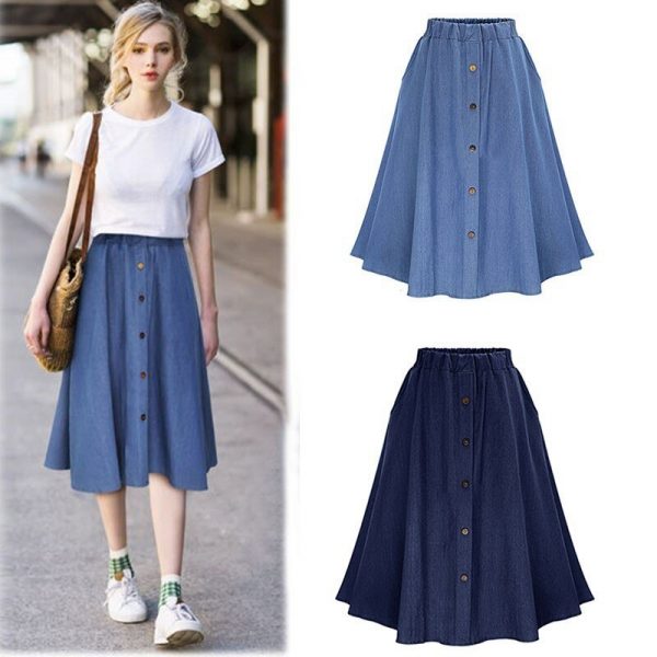 Womens Pleated Knee Length Jeans Skirt - Image 2