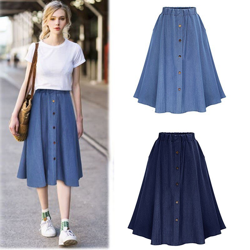 Womens Pleated Knee Length Jeans Skirt