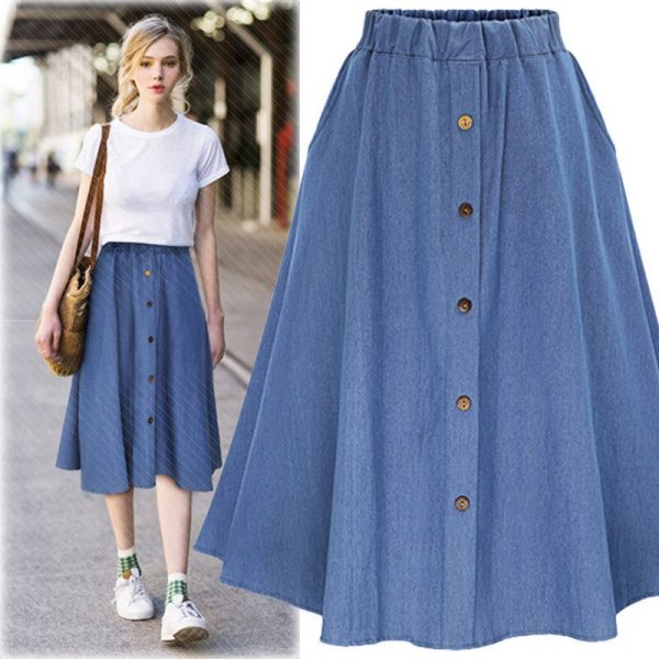 Womens Pleated Knee Length Jeans Skirt - Image 3