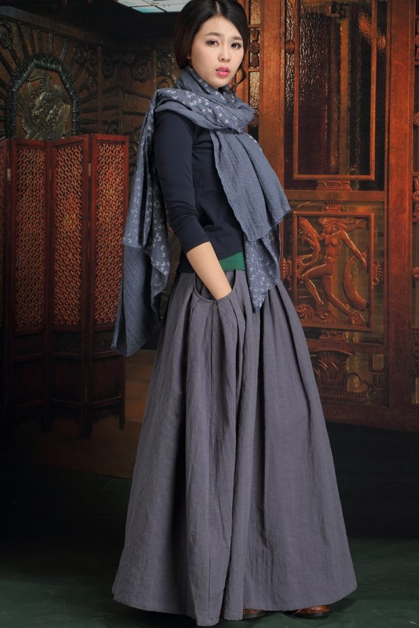 Free Shipping 2019 Long Maxi Cotton Linen Autumn And Winter Skirt For Women Skirts M-XL Elastic Waist Black Thick With Pockets - Image 2