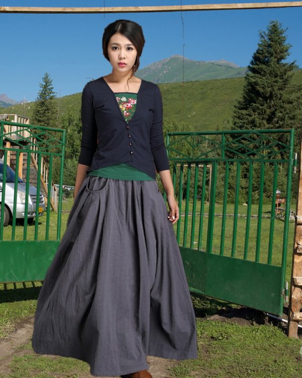 Free Shipping 2019 Long Maxi Cotton Linen Autumn And Winter Skirt For Women Skirts M-XL Elastic Waist Black Thick With Pockets - Image 3