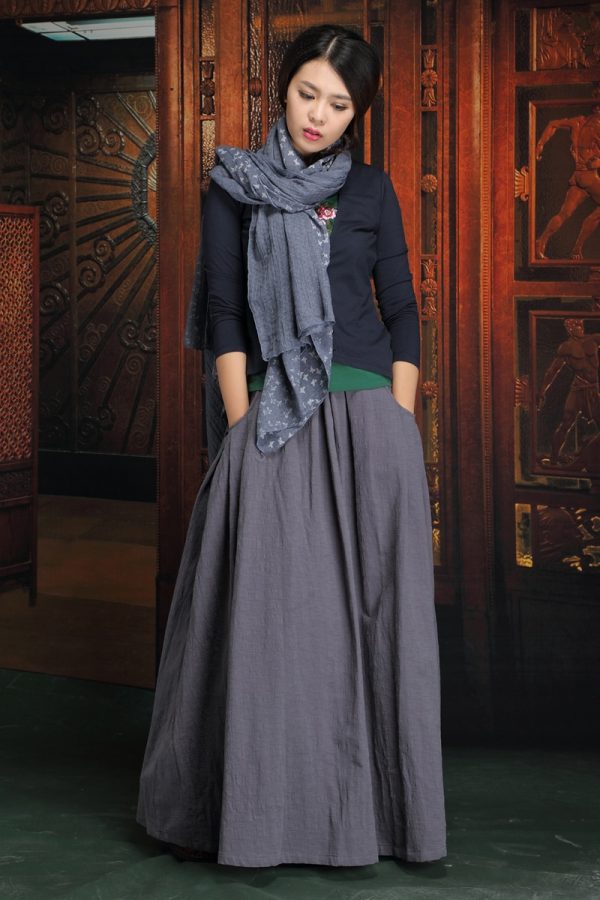 Free Shipping 2019 Long Maxi Cotton Linen Autumn And Winter Skirt For Women Skirts M-XL Elastic Waist Black Thick With Pockets - Image 4