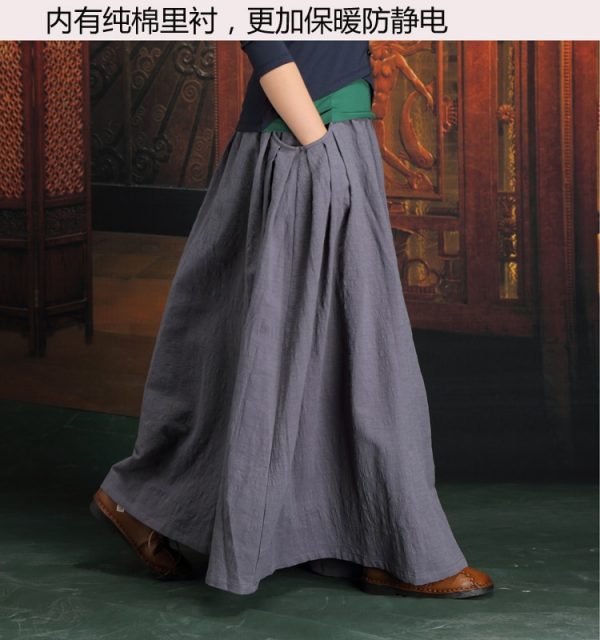 Free Shipping 2019 Long Maxi Cotton Linen Autumn And Winter Skirt For Women Skirts M-XL Elastic Waist Black Thick With Pockets