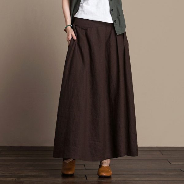 Free Shipping 2020 New Linen Fashion Long Maxi A-line Skirts For Women Elastic High Waist Summer Linen Skirts Blue Brown Black - Image 3