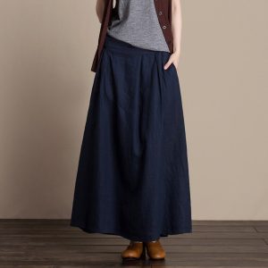 Free Shipping 2020 New Linen Fashion Long Maxi A-line Skirts For Women Elastic High Waist Summer Linen Skirts Blue Brown Black
