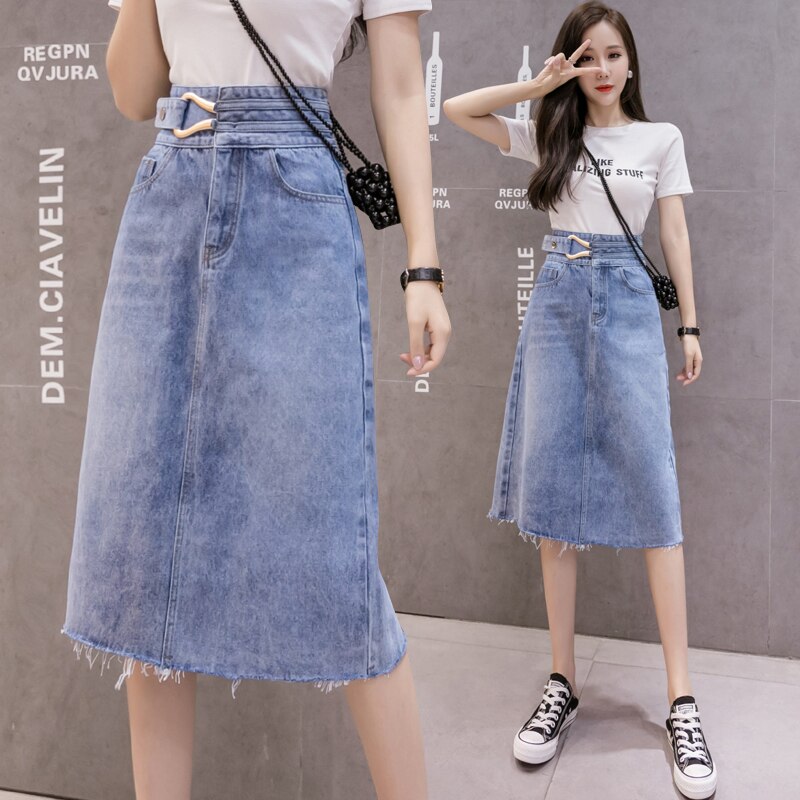 Denim Midi High Waist Blue Jean Skirts For Ladies