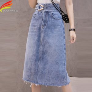 Denim Midi High Waist Blue Jean Skirts For Ladies