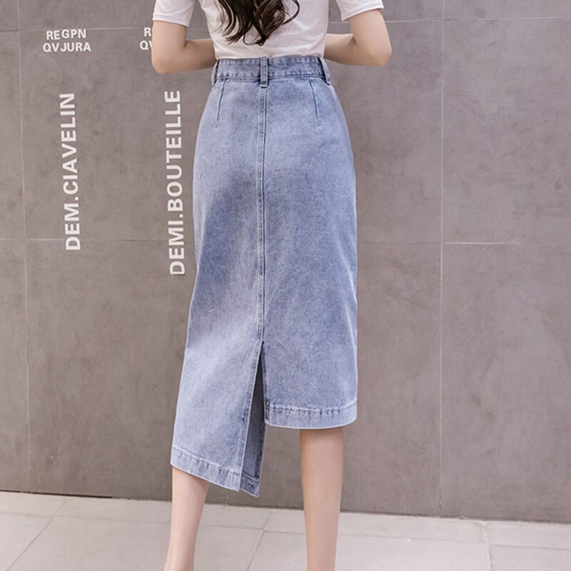 Long Casual Blue Jean Denim Skirt, Double Split & High Waisted, 100% Cotton