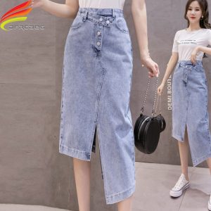 Long Casual Blue Jean Denim Skirt, Double Split & High Waisted, 100% Cotton