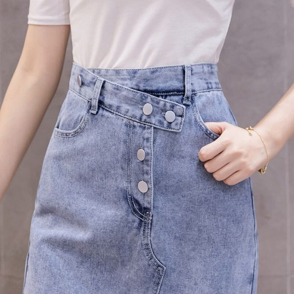 Long Casual Blue Jean Denim Skirt, Double Split & High Waisted, 100% Cotton - Image 5