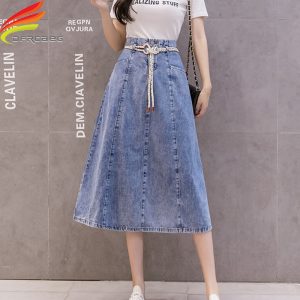 Mid-Calf Long Blue Jean Casual Denim Skirt with Pockets -A Line 100% Cotton