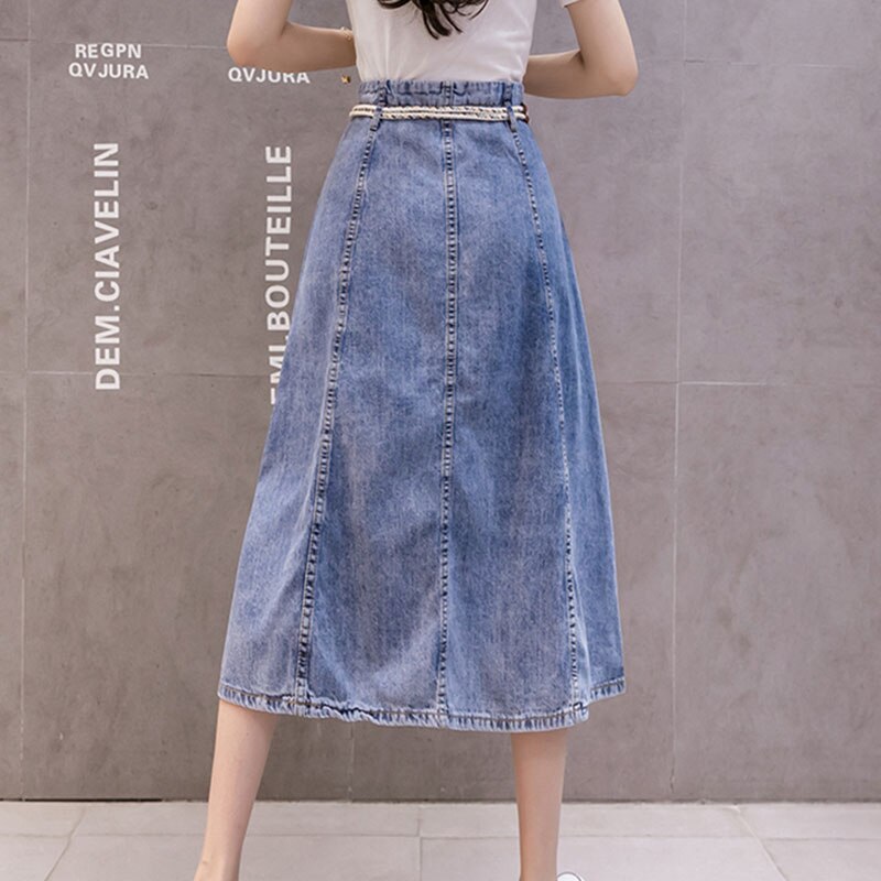 Mid-Calf Long Blue Jean Casual Denim Skirt with Pockets -A Line 100% Cotton