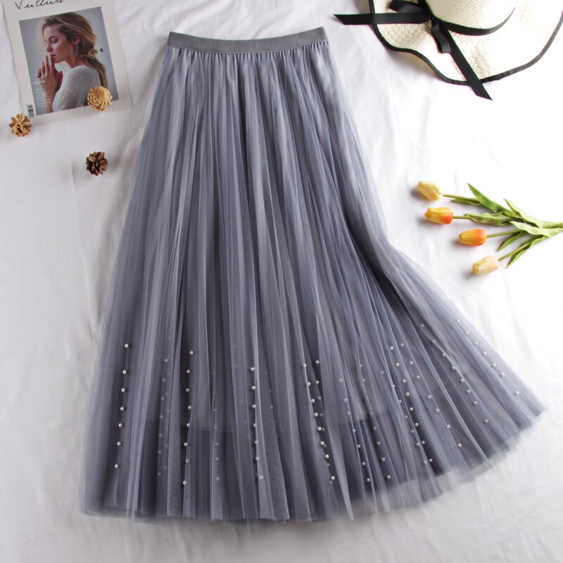 New 2020 Spring Summer Skirts Womens Beading Mesh Tulle Skirt Women Elastic High Waist A Line Mid Calf Midi Long Pleated Skirt