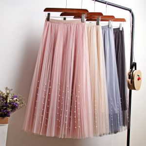 New 2020 Spring Summer Skirts Womens Beading Mesh Tulle Skirt Women Elastic High Waist A Line Mid Calf Midi Long Pleated Skirt