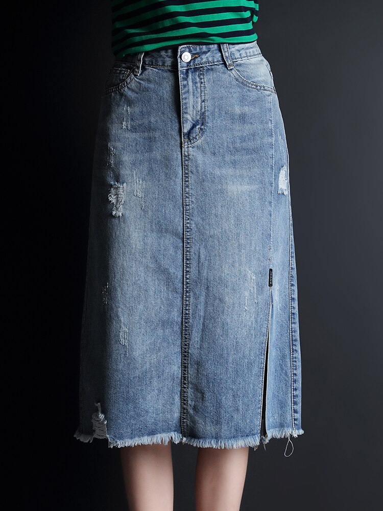Blue Jean Denim Midi Calf Length Skirt 100% Cotton
