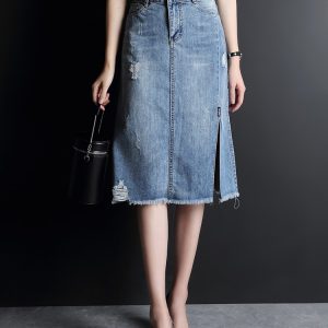 Blue Jean Denim Midi Calf Length Skirt 100% Cotton