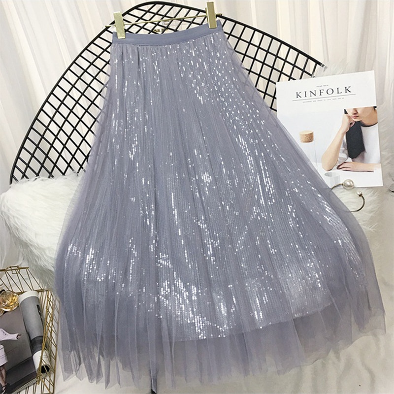 Spring Summer Skirts Women Korea Long Tulle Skirt Sequined Pleated A Line Midi Skirt Chic High Waist Skirt Female