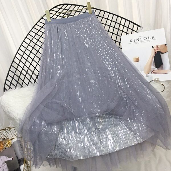Spring Summer Skirts Women Korea Long Tulle Skirt Sequined Pleated A Line Midi Skirt Chic High Waist Skirt Female - Image 3