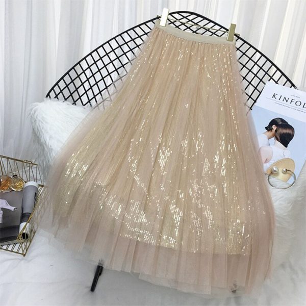 Spring Summer Skirts Women Korea Long Tulle Skirt Sequined Pleated A Line Midi Skirt Chic High Waist Skirt Female - Image 4