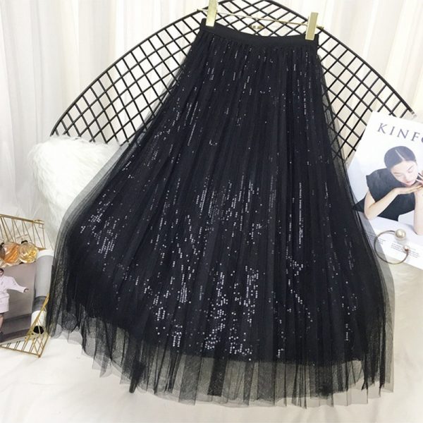Spring Summer Skirts Women Korea Long Tulle Skirt Sequined Pleated A Line Midi Skirt Chic High Waist Skirt Female - Image 5