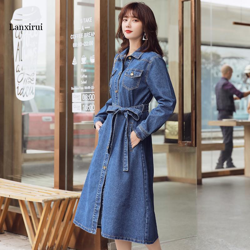 Spring Women's casual lapel Button Waist was thin mid-length loose denim dresses