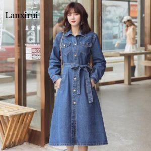 Spring Women's casual lapel Button Waist was thin mid-length loose denim dresses