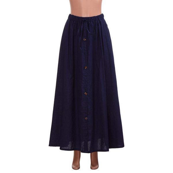 Stylish Bar 2019 Women Linen Cotton Long Skirts Elastic Waist Pleated Maxi Skirts Casual Button Flare Long Skirt Faldas Saia - Image 2