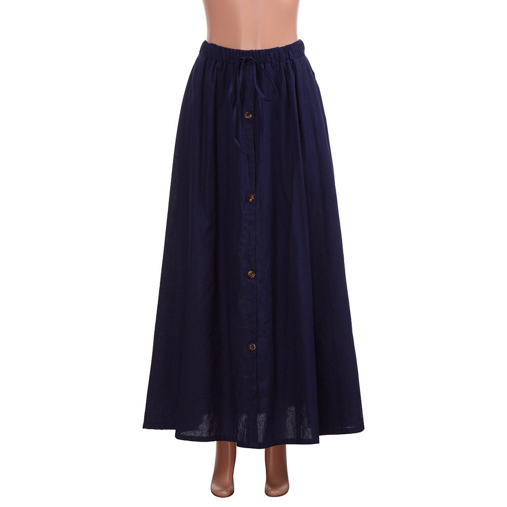 Stylish Bar 2019 Women Linen Cotton Long Skirts Elastic Waist Pleated Maxi Skirts Casual Button Flare Long Skirt Faldas Saia
