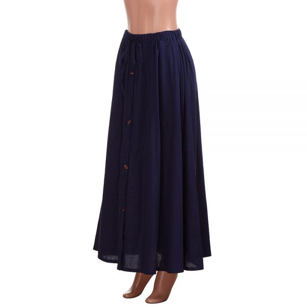 Stylish Bar 2019 Women Linen Cotton Long Skirts Elastic Waist Pleated Maxi Skirts Casual Button Flare Long Skirt Faldas Saia - Image 3