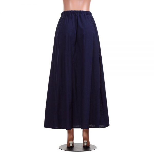 Stylish Bar 2019 Women Linen Cotton Long Skirts Elastic Waist Pleated Maxi Skirts Casual Button Flare Long Skirt Faldas Saia - Image 4