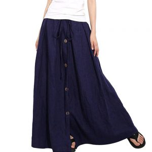 Stylish Bar 2019 Women Linen Cotton Long Skirts Elastic Waist Pleated Maxi Skirts Casual Button Flare Long Skirt Faldas Saia