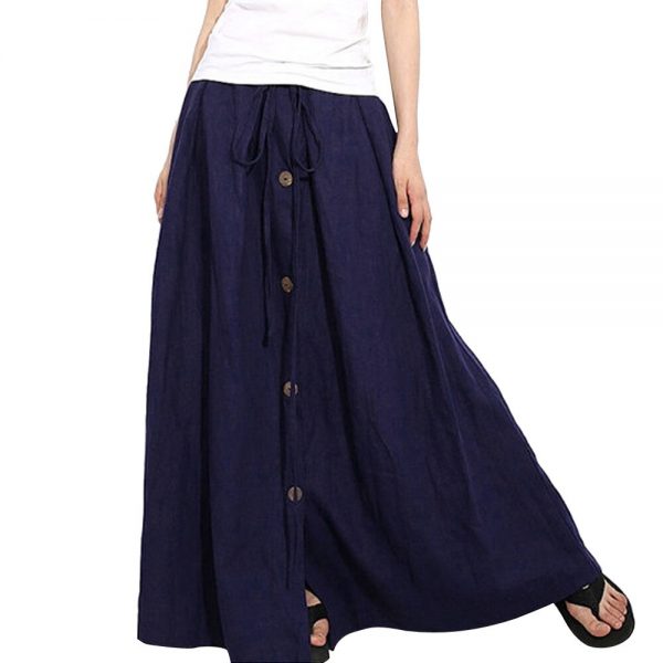Stylish Bar 2019 Women Linen Cotton Long Skirts Elastic Waist Pleated Maxi Skirts Casual Button Flare Long Skirt Faldas Saia