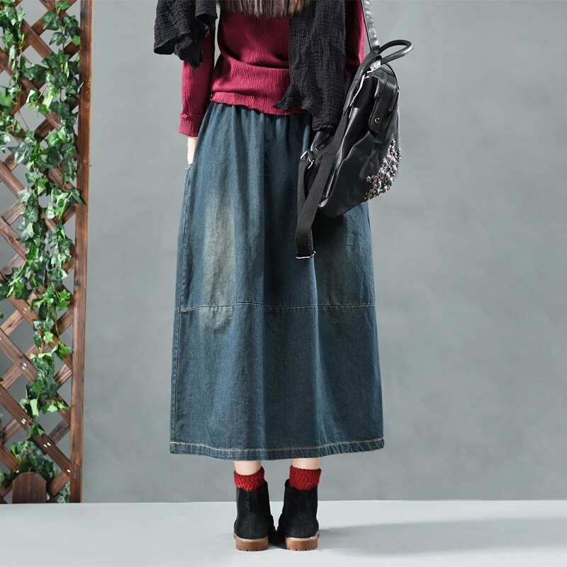TIYIHAILEY Free Shipping 2020 Cotton Denim Long Mid-calf Skirts For Women Summer Elastic Waist A-line Skirts With Big Pockets
