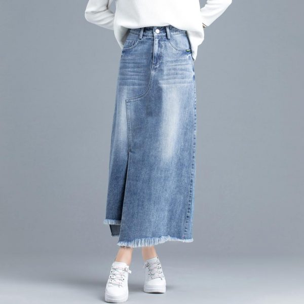 Long Casual Blue Jean Skirts With Pockets andTassels 100% Cotton - Image 2