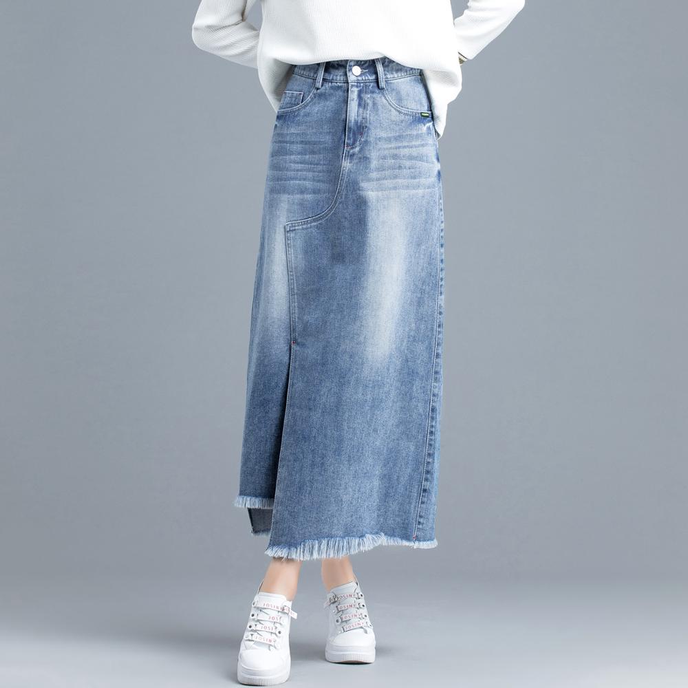 Long Casual Blue Jean Skirts With Pockets andTassels 100% Cotton