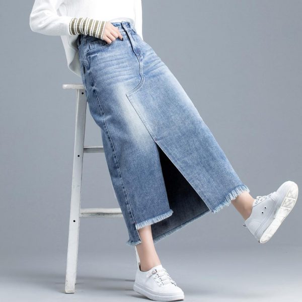 Long Casual Blue Jean Skirts With Pockets andTassels 100% Cotton - Image 4