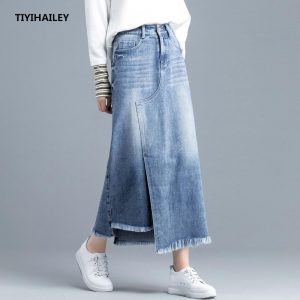 Long Casual Blue Jean Skirts With Pockets andTassels 100% Cotton