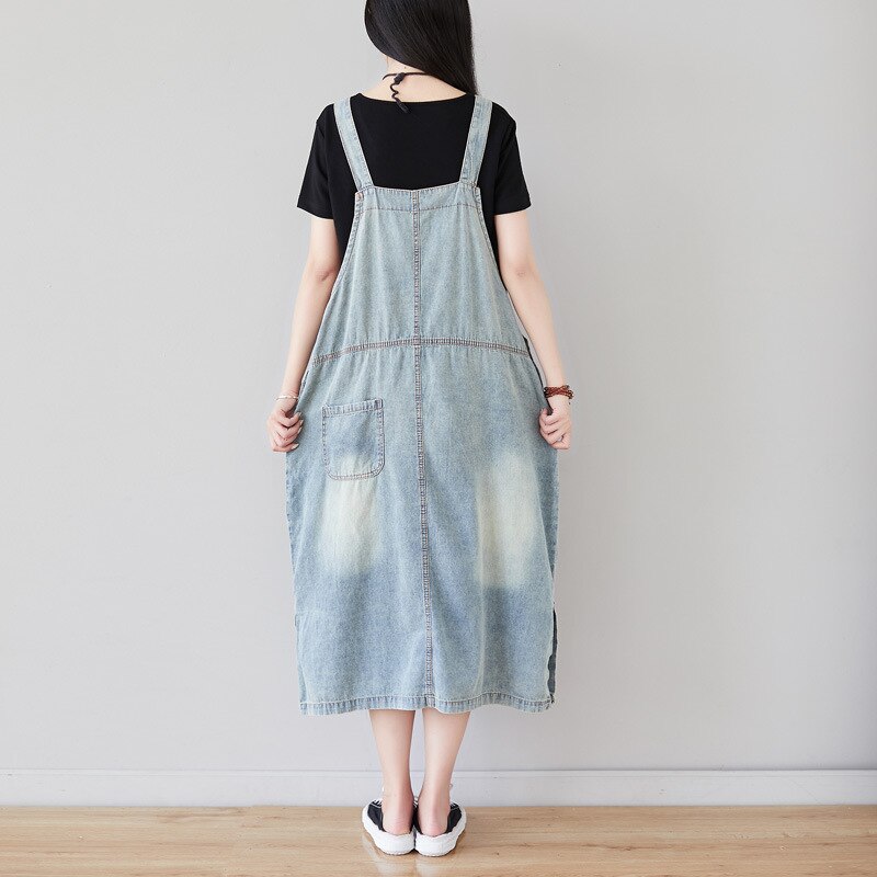 TIYIHAILEY Free Shipping 2020 Spaghetti Strap Denim Dresses Fashion Suspenders For Women Jeans Long Mid-calf Dress With holes