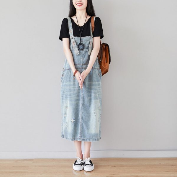 TIYIHAILEY Free Shipping 2020 Spaghetti Strap Denim Dresses Fashion Suspenders For Women Jeans Long Mid-calf Dress With holes - Image 3