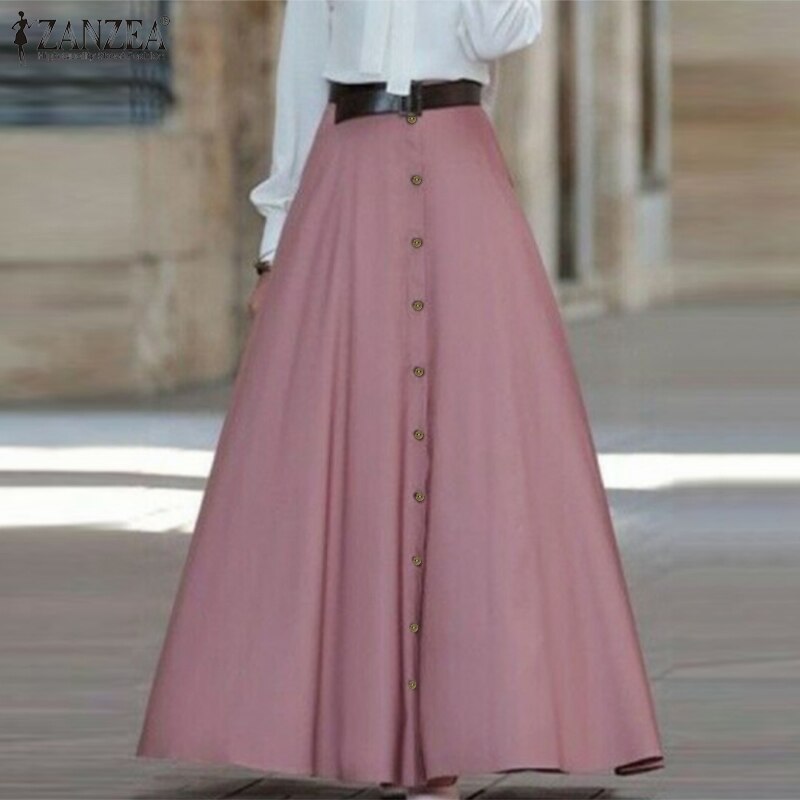 Women Maxi Skirt ZANZEA 2020 Fashion Ladies High Waist A Line Skirts Vintage Faldas Mujer Casual Loose Pockets Long Jupe Femme