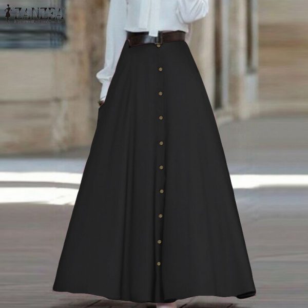 Women Maxi Skirt ZANZEA 2020 Fashion Ladies High Waist A Line Skirts Vintage Faldas Mujer Casual Loose Pockets Long Jupe Femme - Image 3