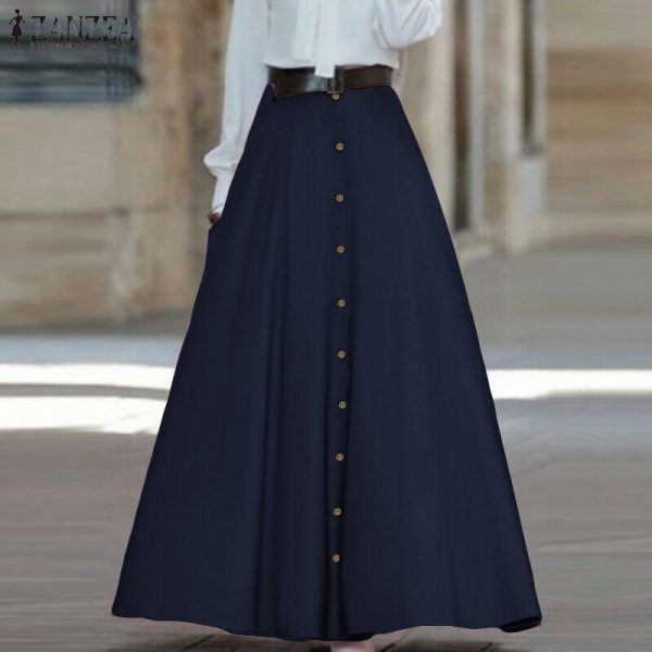 Women Maxi Skirt ZANZEA 2020 Fashion Ladies High Waist A Line Skirts Vintage Faldas Mujer Casual Loose Pockets Long Jupe Femme - Image 4
