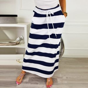 Womens Fashion Stripe Skirts Gonne Donna 2020 Lady Casual Hight Waist Maxi Long Skirt Faldas Mujer Moda Saia Feminina #T2G